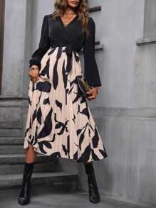 SHEIN LUNE 圖案印花燈籠袖百褶下擺繫腰帶洋裝 - 彩色 - 查看 6