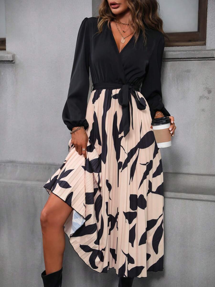 SHEIN LUNE 圖案印花燈籠袖百褶下擺繫腰帶洋裝 - 彩色 - 查看 1