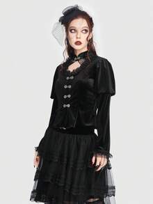 ROMWE Goth 網紗拼接絲絨T恤 - 黑色 - 查看 3