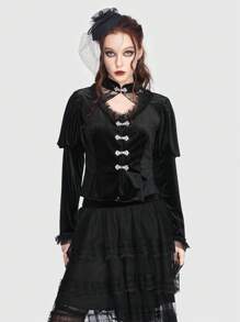 ROMWE Goth 網紗拼接絲絨T恤 - 黑色 - 查看 1