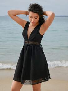 SHEIN Frenchy Swiss Dot Lace Insert Knot Backless Dress - Black - View 3