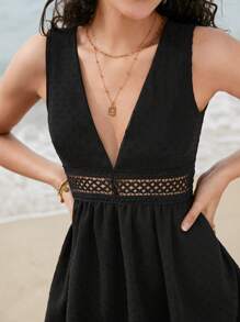 SHEIN Frenchy Swiss Dot Lace Insert Knot Backless Dress - Black - View 4