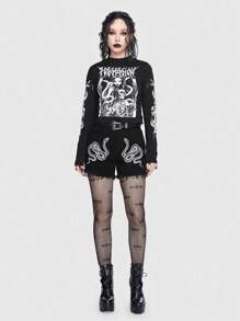 ROMWE Goth Skeleton Letter Graphic Crop Tee, School - Black - View 6
