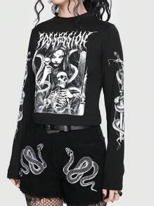 ROMWE Goth Skeleton Letter Graphic Crop Tee, School - Black - View 2