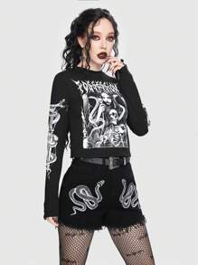 ROMWE Goth Skeleton Letter Graphic Crop Tee, School - Black - View 4
