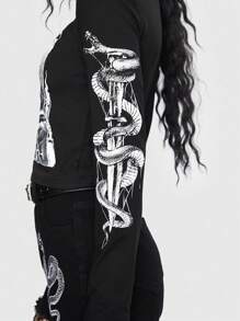 ROMWE Goth Skeleton Letter Graphic Crop Tee, School - Black - View 5