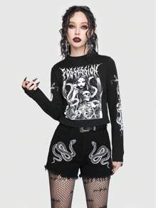 ROMWE Goth Skeleton Letter Graphic Crop Tee, School - Black - View 1