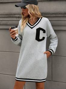 SHEIN LUNE Letter Patched Striped Trim Drop Shoulder Sweatshirt Dress Graduation,Back To School Outfits,Graduation,Teacher Outfits For Women,Back To School Pullover Fall Outfit - Grey - View 3