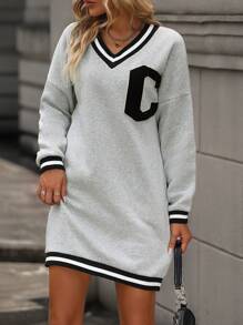 SHEIN LUNE Letter Patched Striped Trim Drop Shoulder Sweatshirt Dress Graduation,Back To School Outfits,Graduation,Teacher Outfits For Women,Back To School Pullover Fall Outfit - Grey - View 4