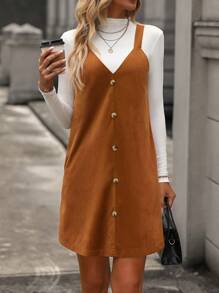 SHEIN Essnce 前紐扣背帶洋裝無毛衣 - 摩卡棕 - 查看 3