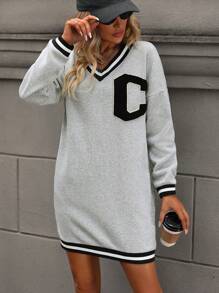 SHEIN LUNE Letter Patched Striped Trim Drop Shoulder Sweatshirt Dress Graduation,Back To School Outfits,Graduation,Teacher Outfits For Women,Back To School Pullover Fall Outfit - Grey - View 6