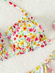 Conjunto de bikini con estampado floral diminuto, volantes y atar al cuello y a los lados, perfecto para el verano y las vacaciones en la playa - Multicolor - Ver 3