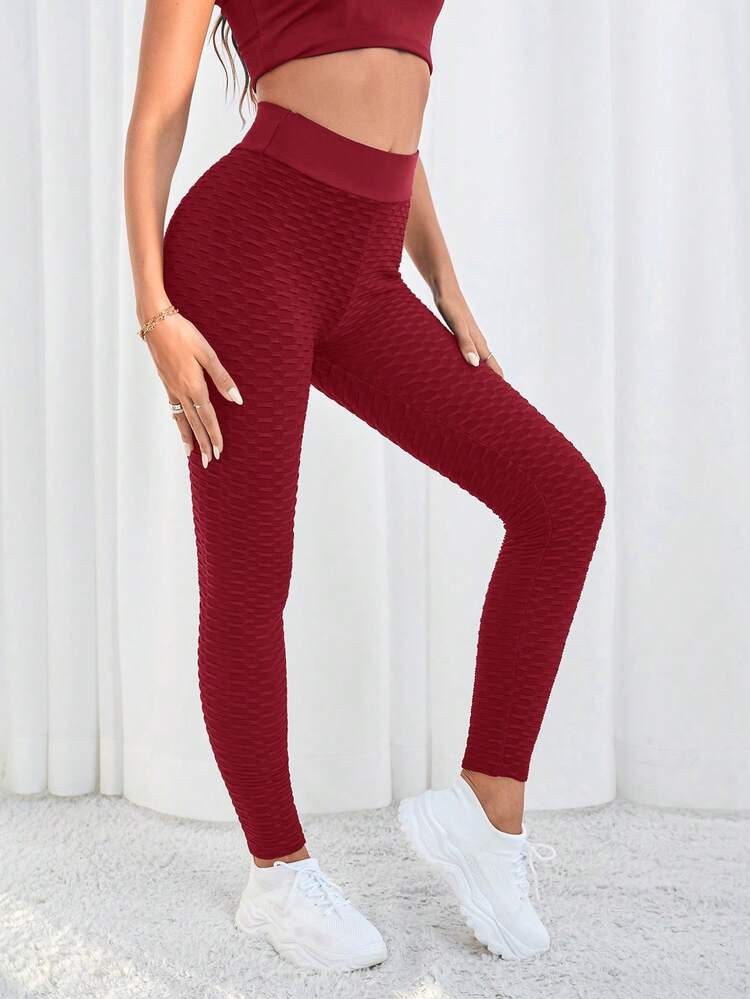 SHEIN Essnce 休閒貼布字母女士打底褲 - 酒紅色 - 查看 3
