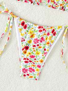 Conjunto de bikini con estampado floral diminuto, volantes y atar al cuello y a los lados, perfecto para el verano y las vacaciones en la playa - Multicolor - Ver 4