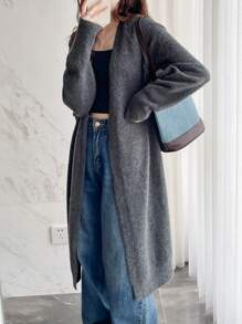 净色落肩开衫 - 灰色 - 查看 1