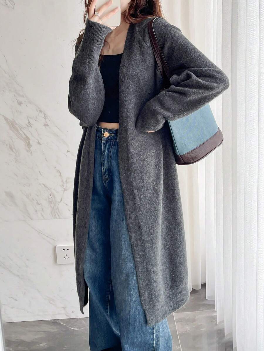 净色落肩开衫 - 灰色 - 查看 1