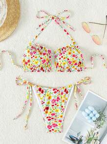 Conjunto de bikini con estampado floral diminuto, volantes y atar al cuello y a los lados, perfecto para el verano y las vacaciones en la playa - Multicolor - Ver 6