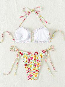 Conjunto de bikini con estampado floral diminuto, volantes y atar al cuello y a los lados, perfecto para el verano y las vacaciones en la playa - Multicolor - Ver 7