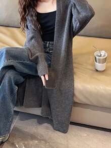 净色落肩开衫 - 灰色 - 查看 3