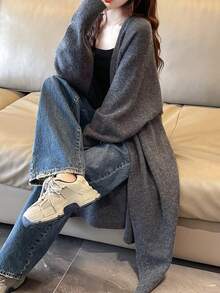 净色落肩开衫 - 灰色 - 查看 4