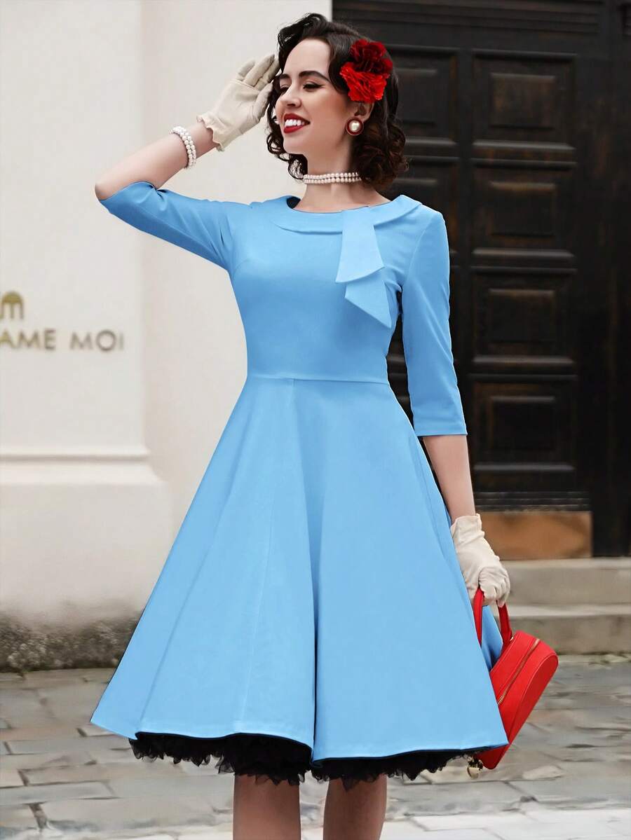 MUXXN Đầm Dây kéo Nơ Bướm màu trơn Retro