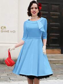 MUXXN Đầm Dây kéo Nơ Bướm màu trơn Retro - Màu xanh nhạt - Xem 5