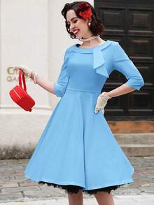 MUXXN Đầm Dây kéo Nơ Bướm màu trơn Retro - Màu xanh nhạt - Xem 6