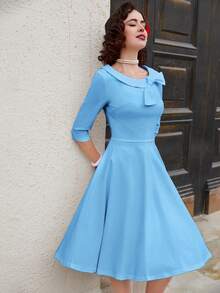 MUXXN Đầm Dây kéo Nơ Bướm màu trơn Retro - Màu xanh nhạt - Xem 7