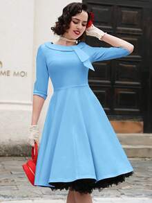 MUXXN Đầm Dây kéo Nơ Bướm màu trơn Retro - Màu xanh nhạt - Xem 8