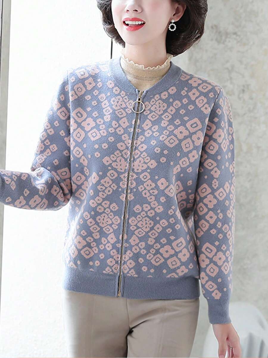 جاكيت نمط هندسي سستة - الأزرق - مشاهدة 1