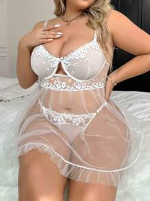 大碼花卉刺繡網紗鋼圈吊帶睡裙附丁字褲