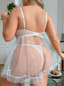 大碼花卉刺繡網紗鋼圈吊帶睡裙附丁字褲