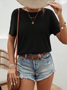 SHEIN VCAY Contrast Geo Tape V-Cut Back Tee - Black - View 3