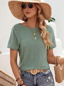 SHEIN VCAY 幾何印花網眼刺繡T恤 - 綠色 - 查看 1