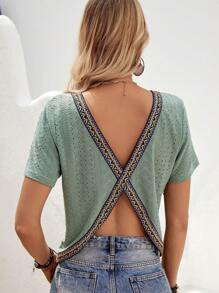 SHEIN VCAY 幾何印花網眼刺繡T恤 - 綠色 - 查看 2