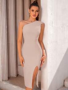 One Shoulder Split Thigh Bandage Dress - Apricot - View 3