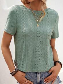 SHEIN VCAY 幾何印花網眼刺繡T恤 - 綠色 - 查看 4