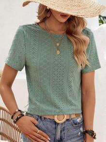 SHEIN VCAY 幾何印花網眼刺繡T恤 - 綠色 - 查看 5