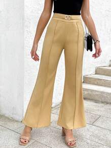 AAmilife Solid Seam Detail Flare Leg Pants - Mustard Yellow - View 1