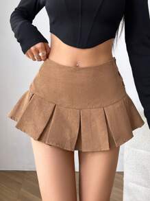 Muchica 素色百褶下擺半身裙 - 棕色 - 查看 3