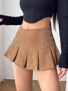 Muchica 素色百褶下擺半身裙 - 棕色 - 查看 5