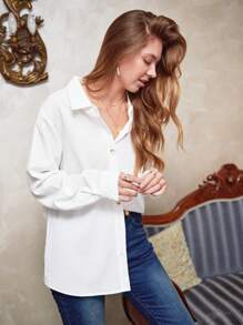 SHEIN Frenchy 前排扣素色襯衫 - 白色 - 查看 3