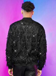 FeverCity Men's Oversized Sequin Decor Bomber Jacket - Black - View 2