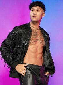 FeverCity Men's Oversized Sequin Decor Bomber Jacket - Black - View 3