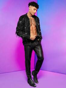 FeverCity Men's Oversized Sequin Decor Bomber Jacket - Black - View 5