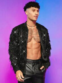 FeverCity Men's Oversized Sequin Decor Bomber Jacket - Black - View 6