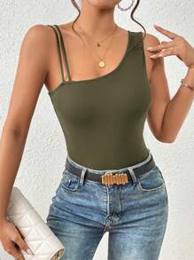 Firerie Top unicolor de cuello asimétrico tejido de canalé - Verde militar - Ver 3