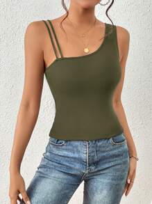 Firerie Top unicolor de cuello asimétrico tejido de canalé - Verde militar - Ver 4