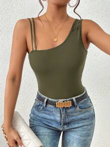 Firerie Top unicolor de cuello asimétrico tejido de canalé - Verde militar - Ver 5