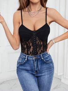 SHEIN Privé Móc và mắt Chèn Lace Áo liền quần chặt ôm sát ngực - màu đen - Xem 6